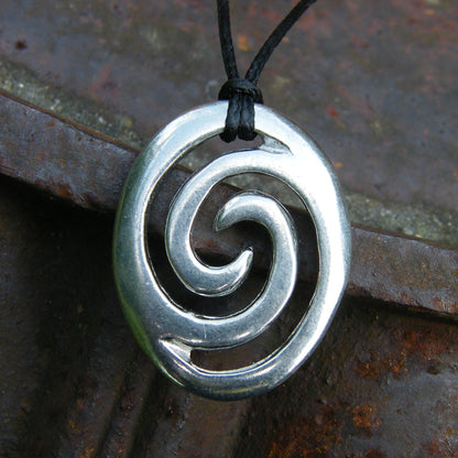Oval Wave Pendant Necklace, Handcast Pewter on Adjustable Waxed Cord