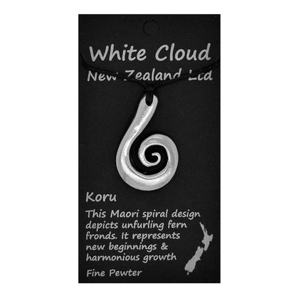 Koru Spiral Pendant Necklace, Larger Design, Handcast Pewter on Adjustable Waxed Cord