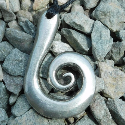 Koru Spiral Pendant Necklace, Larger Design, Handcast Pewter on Adjustable Waxed Cord