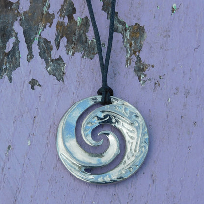Koru Wave Spiral Pendant Necklace, Handcast Pewter Pendant on Adjustable Waxed Cord