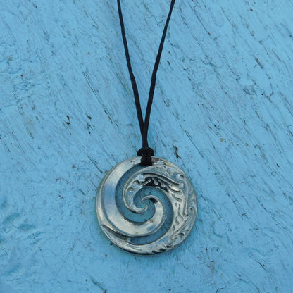 Koru Wave Spiral Pendant Necklace, Handcast Pewter Pendant on Adjustable Waxed Cord