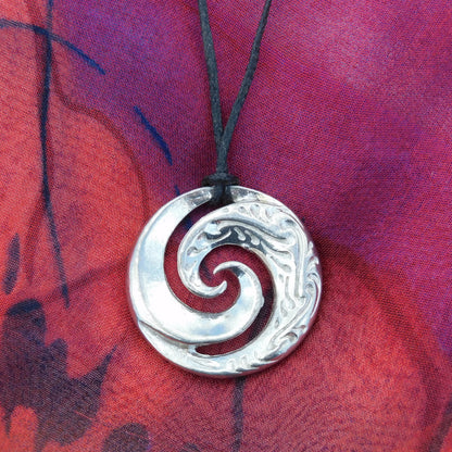 Koru Wave Spiral Pendant Necklace, Handcast Pewter Pendant on Adjustable Waxed Cord