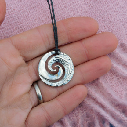 Koru Wave Spiral Pendant Necklace, Handcast Pewter Pendant on Adjustable Waxed Cord