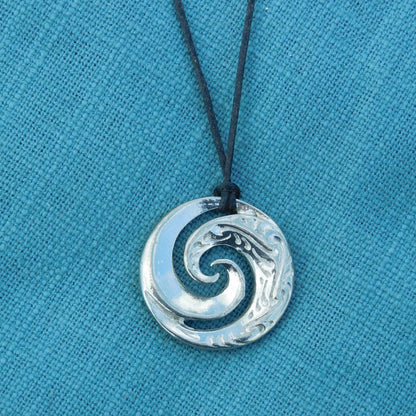 Koru Wave Spiral Pendant Necklace, Handcast Pewter Pendant on Adjustable Waxed Cord