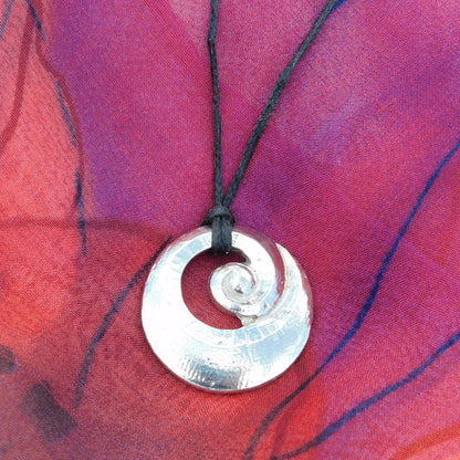 Spiral Pendant Necklace, Chunky Spiral Design, Handcast Pewter on Adjustable Waxed Cord
