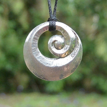 Spiral Pendant Necklace, Chunky Spiral Design, Handcast Pewter on Adjustable Waxed Cord