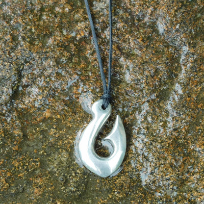 Maori Fish Hook Pendant Necklace (Small), Handcast Pewter Pendant on Adjustable Waxed Cord