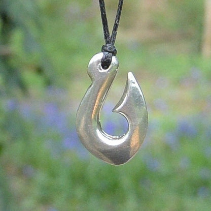 Maori Fish Hook Pendant Necklace (Small), Handcast Pewter Pendant on Adjustable Waxed Cord