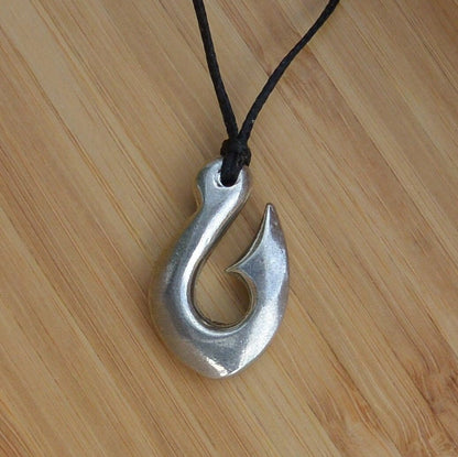 Maori Fish Hook Pendant Necklace (Small), Handcast Pewter Pendant on Adjustable Waxed Cord