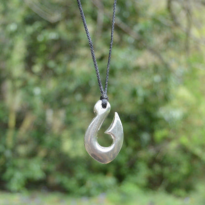 Maori Fish Hook Pendant Necklace (Small), Handcast Pewter Pendant on Adjustable Waxed Cord