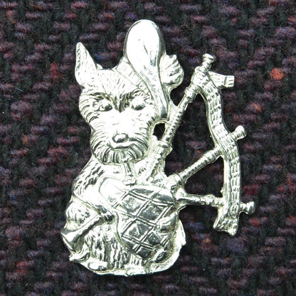 Scottish Terrier with Bagpipes Brooch, Handcast Pewter, Polished Finish
