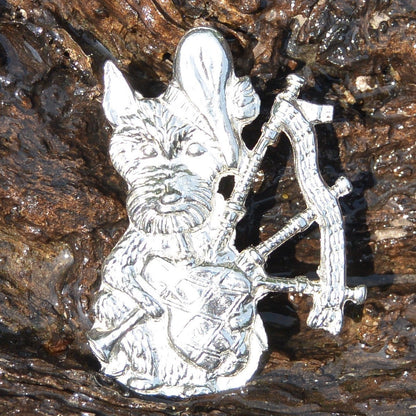 Scottish Terrier with Bagpipes Brooch, Handcast Pewter, Polished Finish