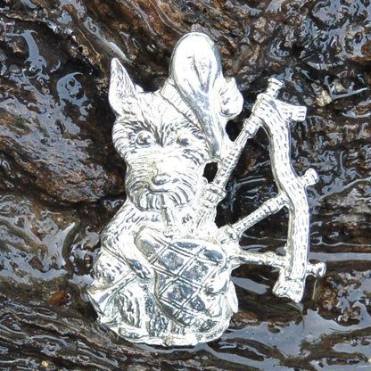 Scottish Terrier with Bagpipes Brooch, Handcast Pewter, Polished Finish