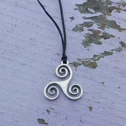 Triskele Pendant Necklace (Open Spiral Design), Handcast Pewter Pendant on Adjustable Waxed Cord