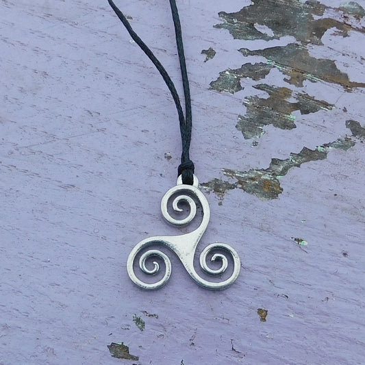 Triskele Pendant Necklace (Open Spiral Design), Handcast Pewter Pendant on Adjustable Waxed Cord