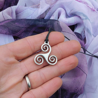 Triskele Pendant Necklace (Open Spiral Design), Handcast Pewter Pendant on Adjustable Waxed Cord