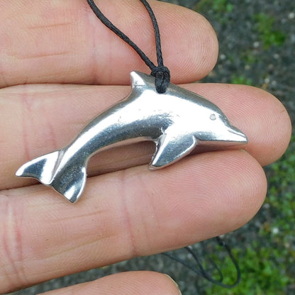Dolphin Pendant Necklace, Handcast Pewter on Adjustable Waxed Cord