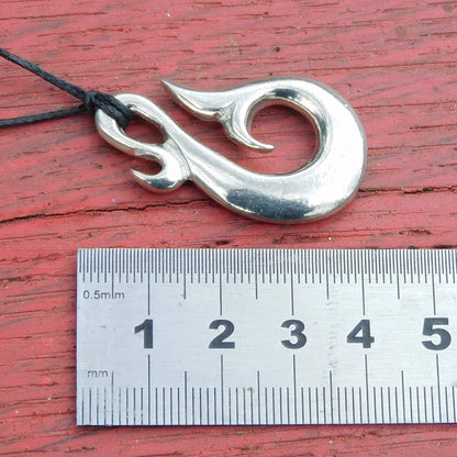 Whale Tail Hook Pendant Necklace, Handcast Pewter Pendant on Adjustable Waxed Cord