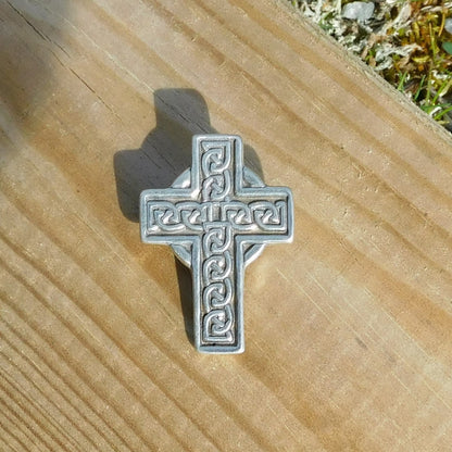 Celtic Cross Brooch (Engraved Knotwork, Larger), Handcast Pewter, Polished Finish