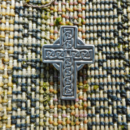 Celtic Cross Brooch (Engraved Knotwork, Larger), Handcast Pewter, Polished Finish