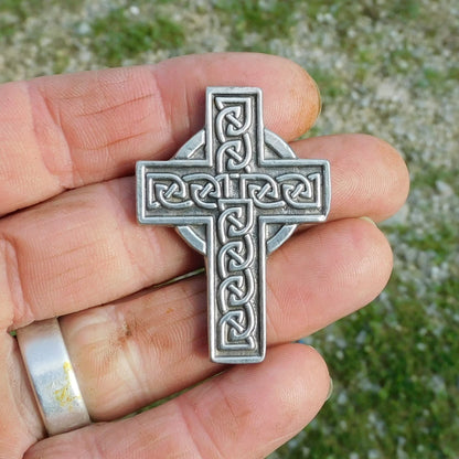 Celtic Cross Brooch (Engraved Knotwork, Larger), Handcast Pewter, Polished Finish