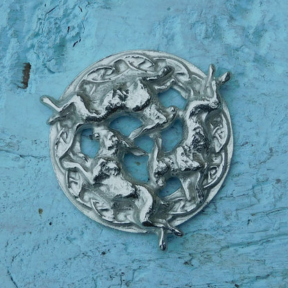 Three Hares Brooch (Victorian Style, Celtic Circle), Handcast Pewter, Polished Finish