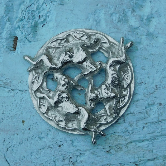 Three Hares Brooch (Victorian Style, Celtic Circle), Handcast Pewter, Polished Finish