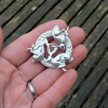 Three Hares Brooch (Clockwise, Celtic Circle), Handcast Pewter, Polished Finish