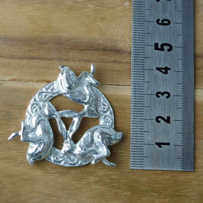 Three Hares Brooch (Clockwise, Celtic Circle), Handcast Pewter, Polished Finish