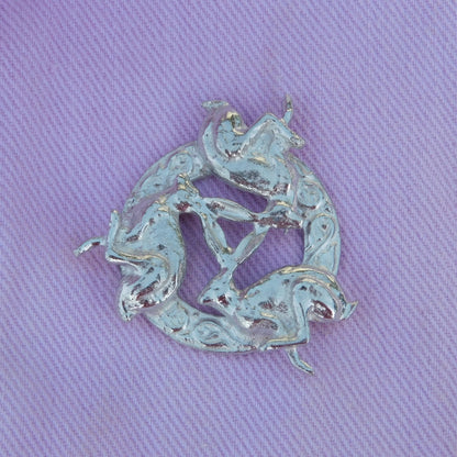 Three Hares Brooch (Clockwise, Celtic Circle), Handcast Pewter, Polished Finish