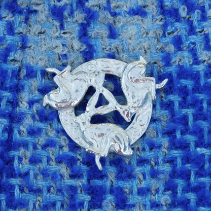 Three Hares Brooch (Clockwise, Celtic Circle), Handcast Pewter, Polished Finish