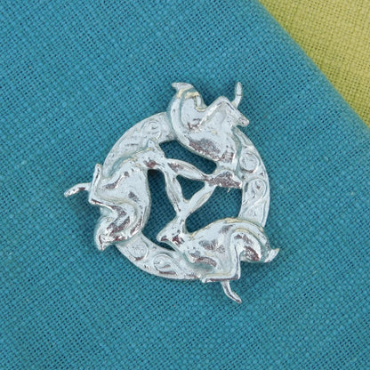 Three Hares Brooch (Clockwise, Celtic Circle), Handcast Pewter, Polished Finish