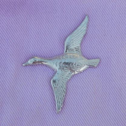 Flying Duck Brooch, Handcast Pewter Brooch, Polished Finish