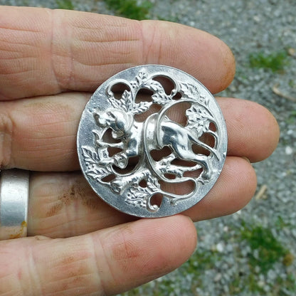 Dog Brooch (Hound in Brambles Design), Handcast Pewter Brooch, Polished Finish