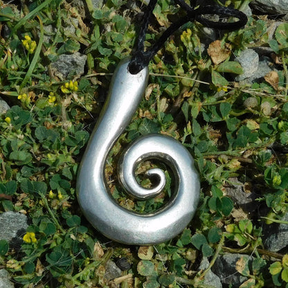 Koru Spiral Pendant Necklace, Larger Design, Handcast Pewter on Adjustable Waxed Cord