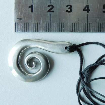 Koru Spiral Pendant Necklace, Larger Design, Handcast Pewter on Adjustable Waxed Cord