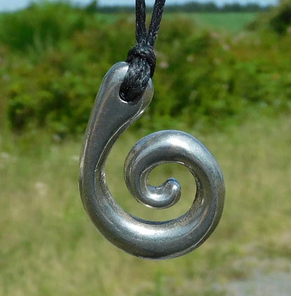 Koru Spiral Pendant Necklace, Smaller Design, Handcast Pewter on Adjustable Waxed Cord
