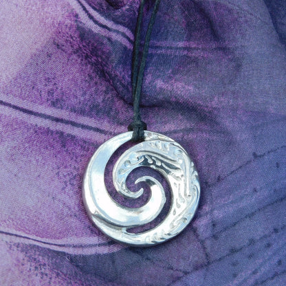 Koru Wave Spiral Pendant Necklace, Handcast Pewter Pendant on Adjustable Waxed Cord