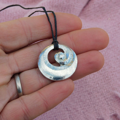 Spiral Pendant Necklace, Chunky Spiral Design, Handcast Pewter on Adjustable Waxed Cord
