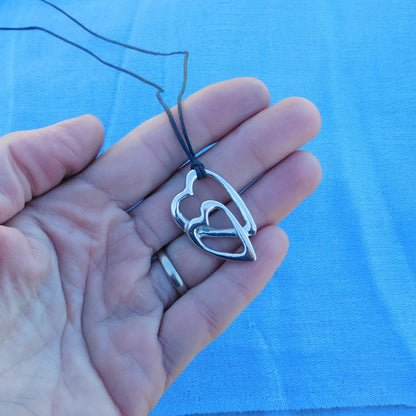Double Heart Pendant Necklace, Handcast Pewter on Adjustable Waxed Cord