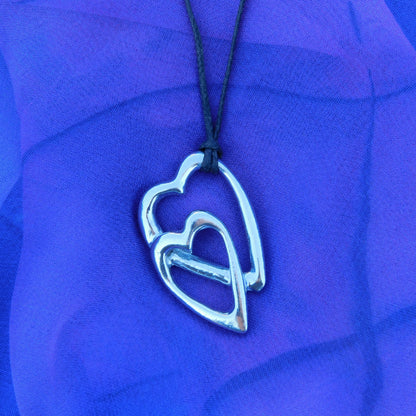 Double Heart Pendant Necklace, Handcast Pewter on Adjustable Waxed Cord