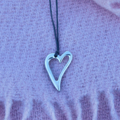 Heart Pendant Necklace, Open Heart Design, Handcast Pewter on Adjustable Waxed Cord