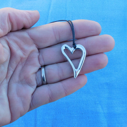 Heart Pendant Necklace, Open Heart Design, Handcast Pewter on Adjustable Waxed Cord