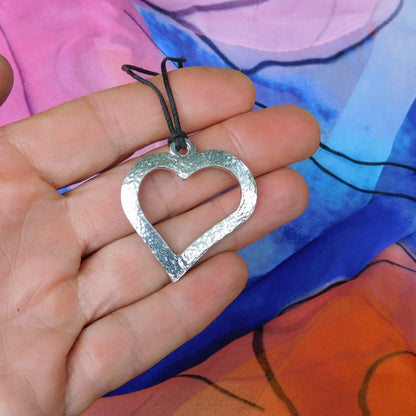 Open Heart Pendant Necklace, Hammered Curved Design, Handcast Pewter on Adjustable Waxed Cord