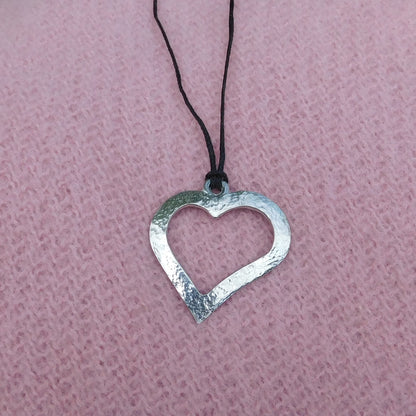Open Heart Pendant Necklace, Hammered Curved Design, Handcast Pewter on Adjustable Waxed Cord