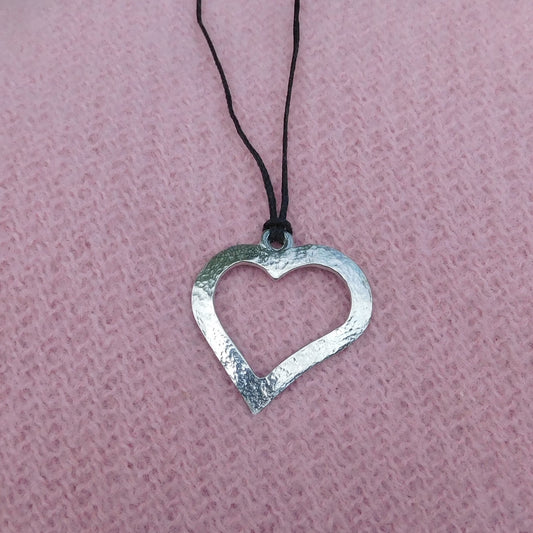 Open Heart Pendant Necklace, Hammered Curved Design, Handcast Pewter on Adjustable Waxed Cord
