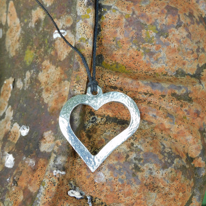 Open Heart Pendant Necklace, Hammered Curved Design, Handcast Pewter on Adjustable Waxed Cord