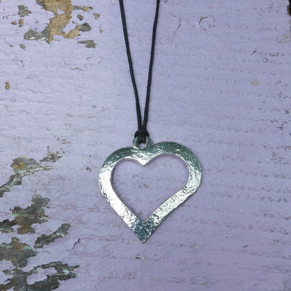 Open Heart Pendant Necklace, Hammered Curved Design, Handcast Pewter on Adjustable Waxed Cord