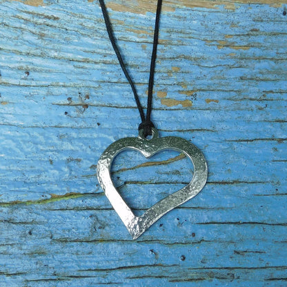 Open Heart Pendant Necklace, Hammered Curved Design, Handcast Pewter on Adjustable Waxed Cord