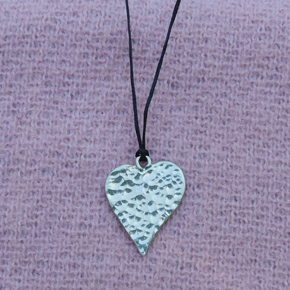 Hammered Heart Pendant Necklace, Handcast Pewter on Adjustable Waxed Cord